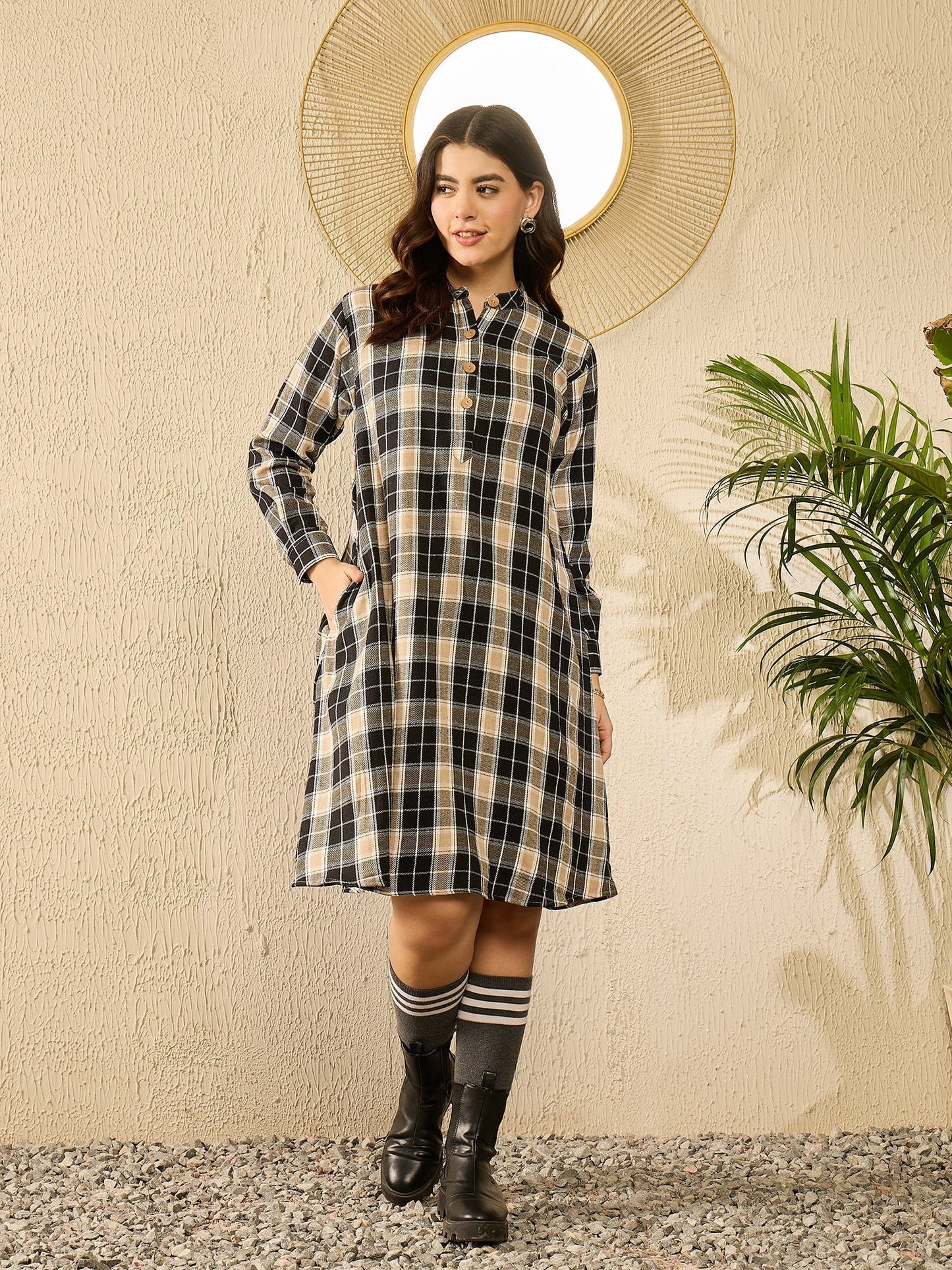 InWeave Black Beige Check Dress - Swadesiicart