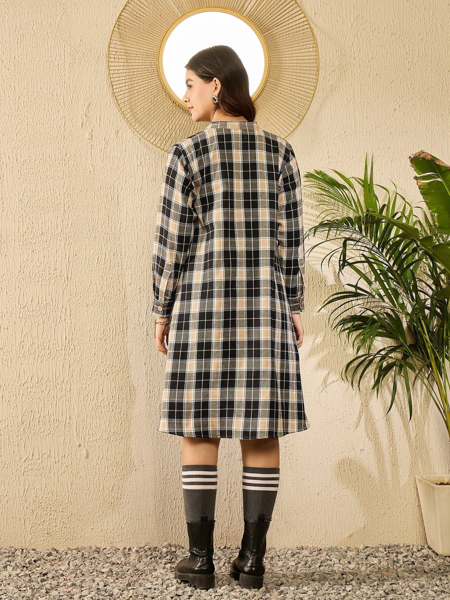 InWeave Black Beige Check Dress - Swadesiicart
