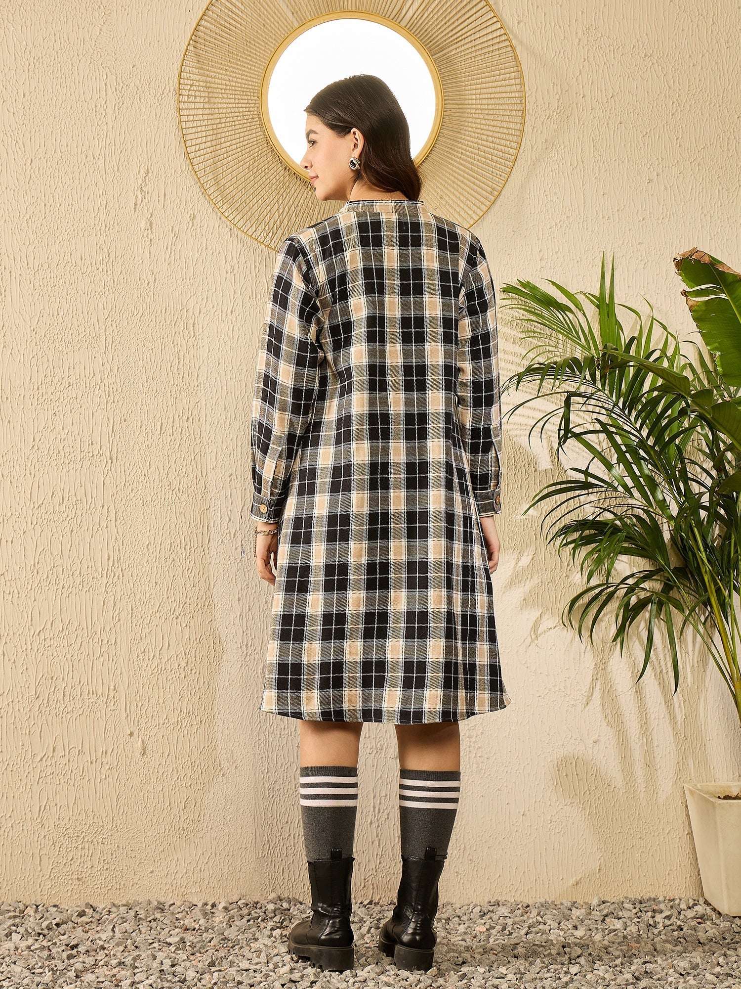 InWeave Black Beige Check Dress - Swadesiicart