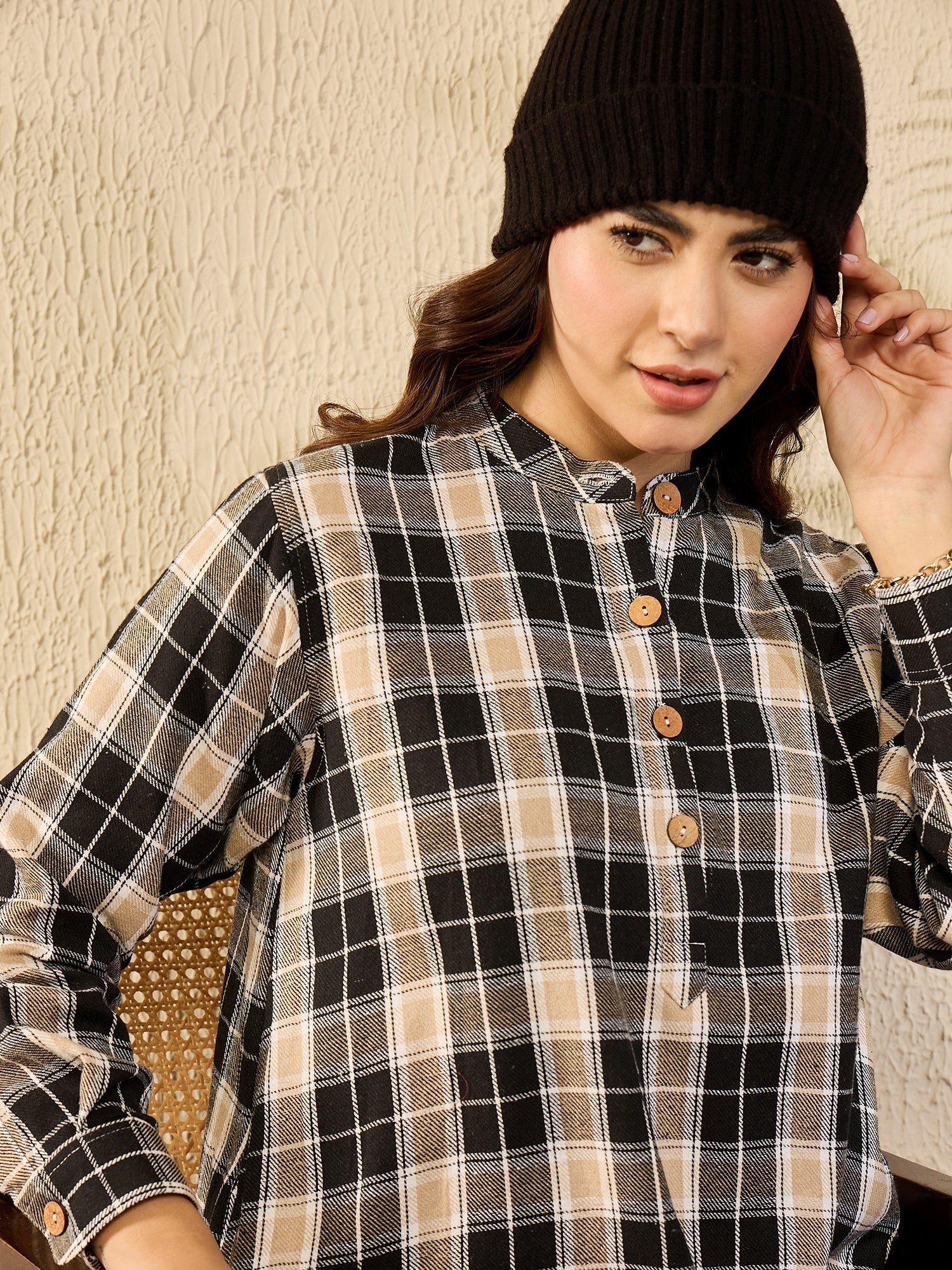 InWeave Black Beige Check Dress - Swadesiicart