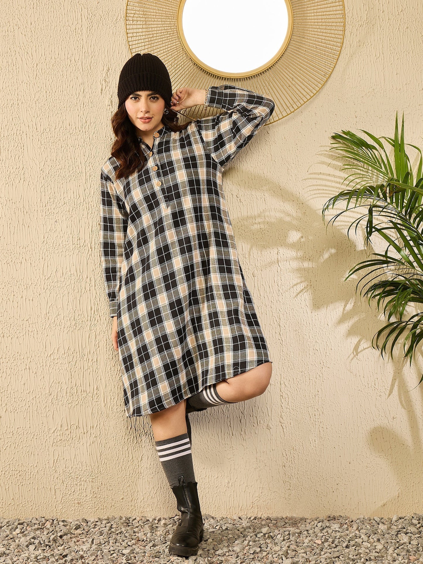 InWeave Black Beige Check Dress - Swadesiicart