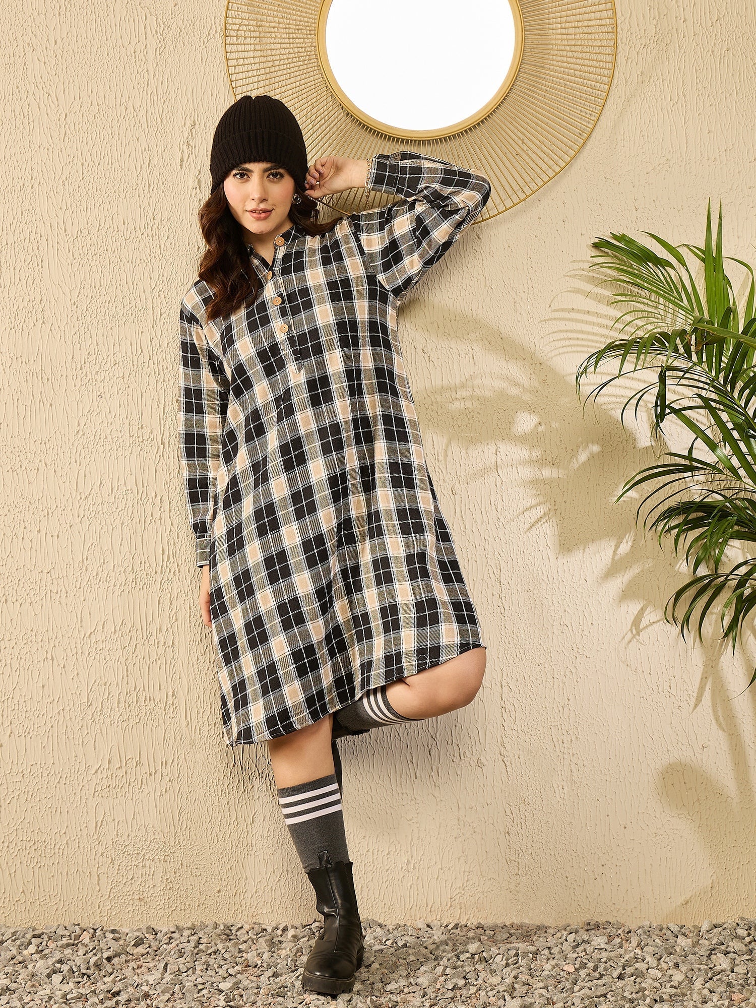 InWeave Black Beige Check Dress - Swadesiicart