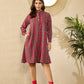 InWeave Red Green Check Mandarin Button Neck Dress - Swadesiicart
