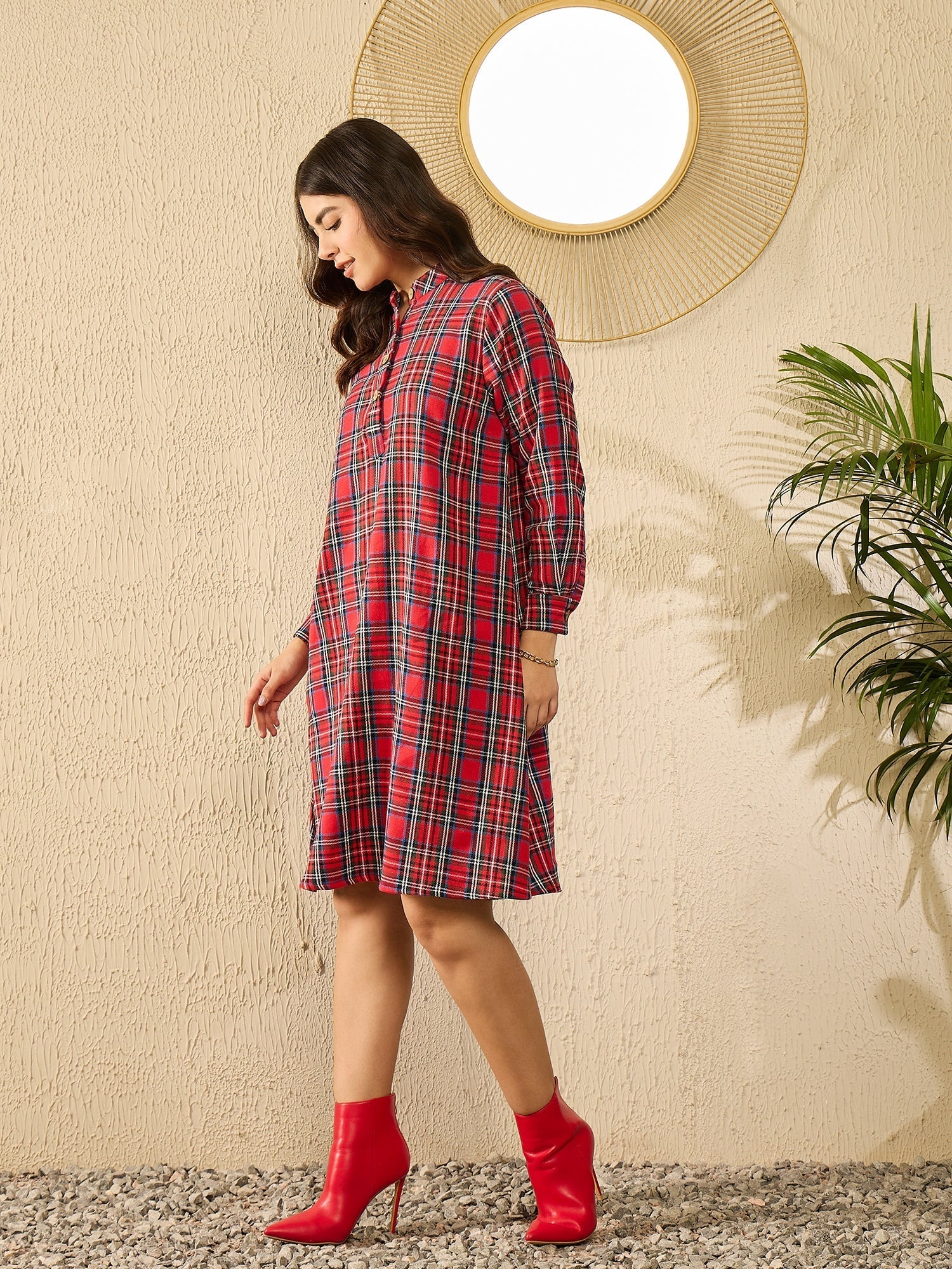 InWeave Red Green Check Mandarin Button Neck Dress - Swadesiicart