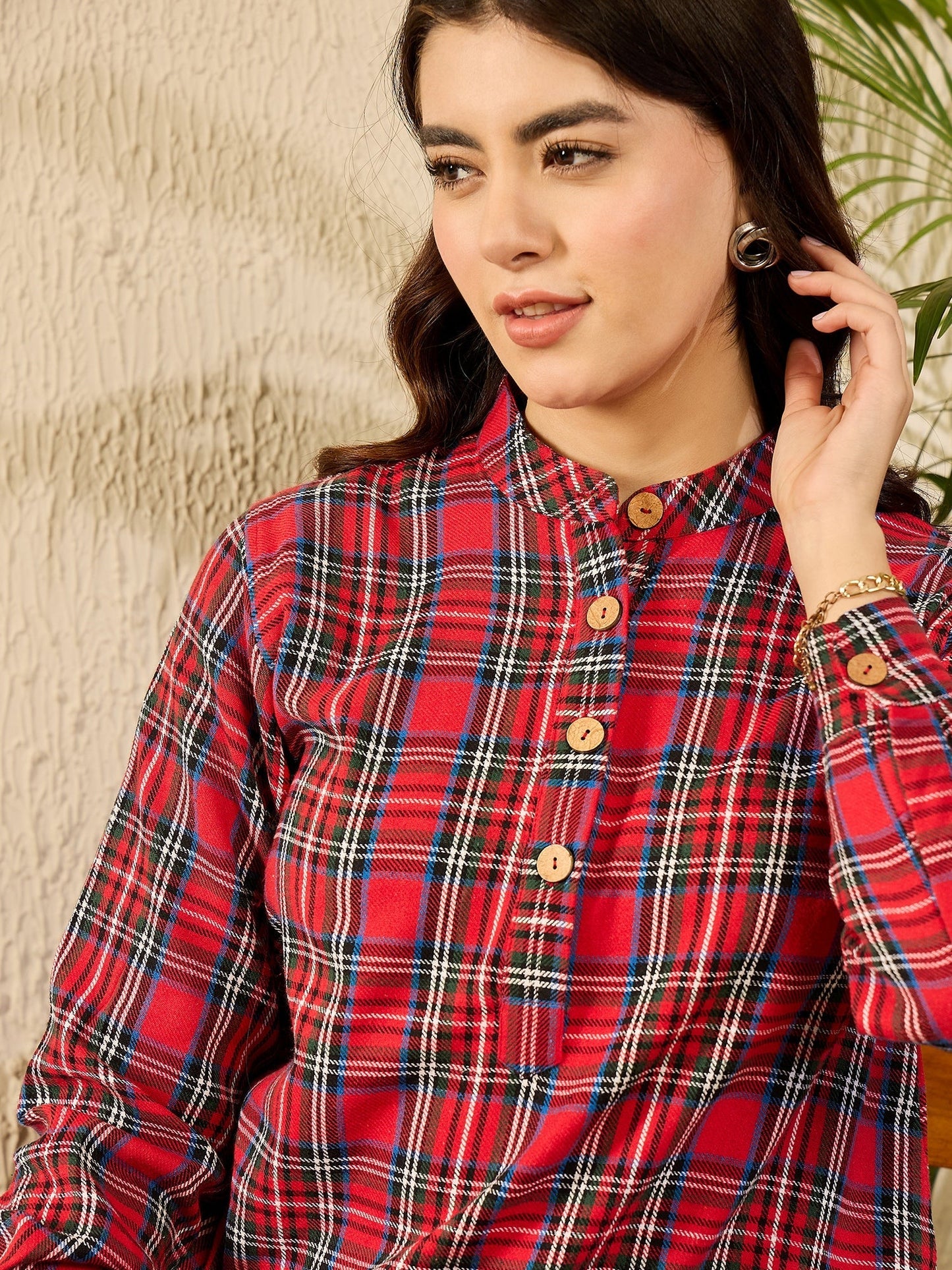 InWeave Red Green Check Mandarin Button Neck Dress - Swadesiicart