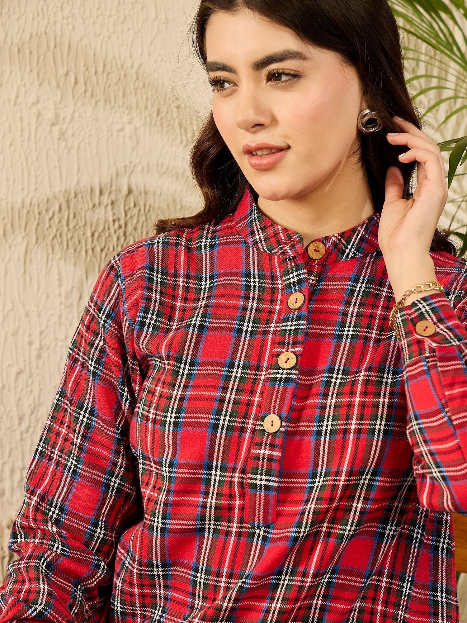 InWeave Red Green Check Mandarin Button Neck Dress - Swadesiicart
