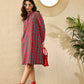 InWeave Red Green Check Mandarin Button Neck Dress - Swadesiicart