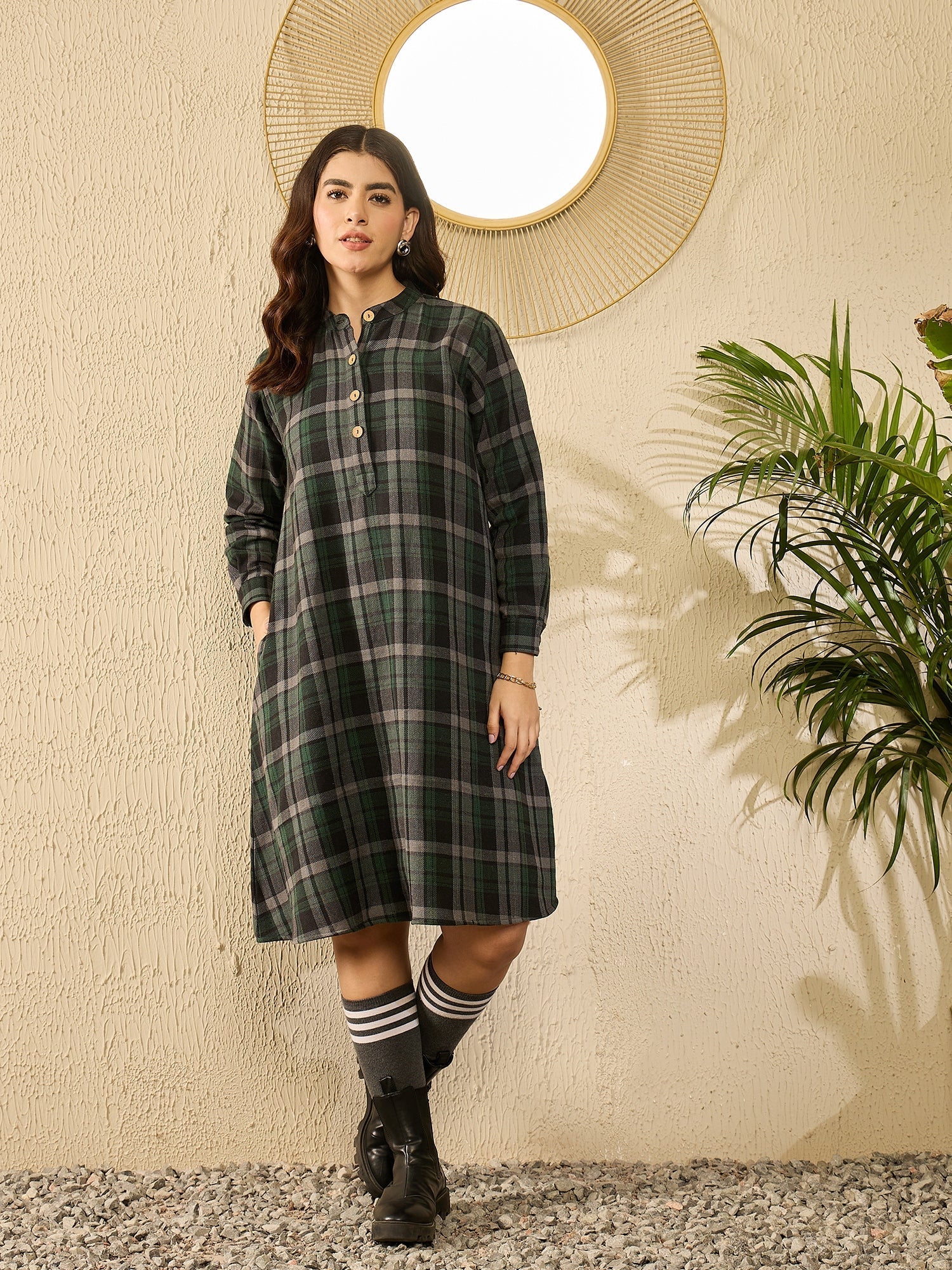 InWeave Green Black Check Mandarin Button Neck Dress - Swadesiicart