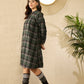 InWeave Green Black Check Mandarin Button Neck Dress - Swadesiicart