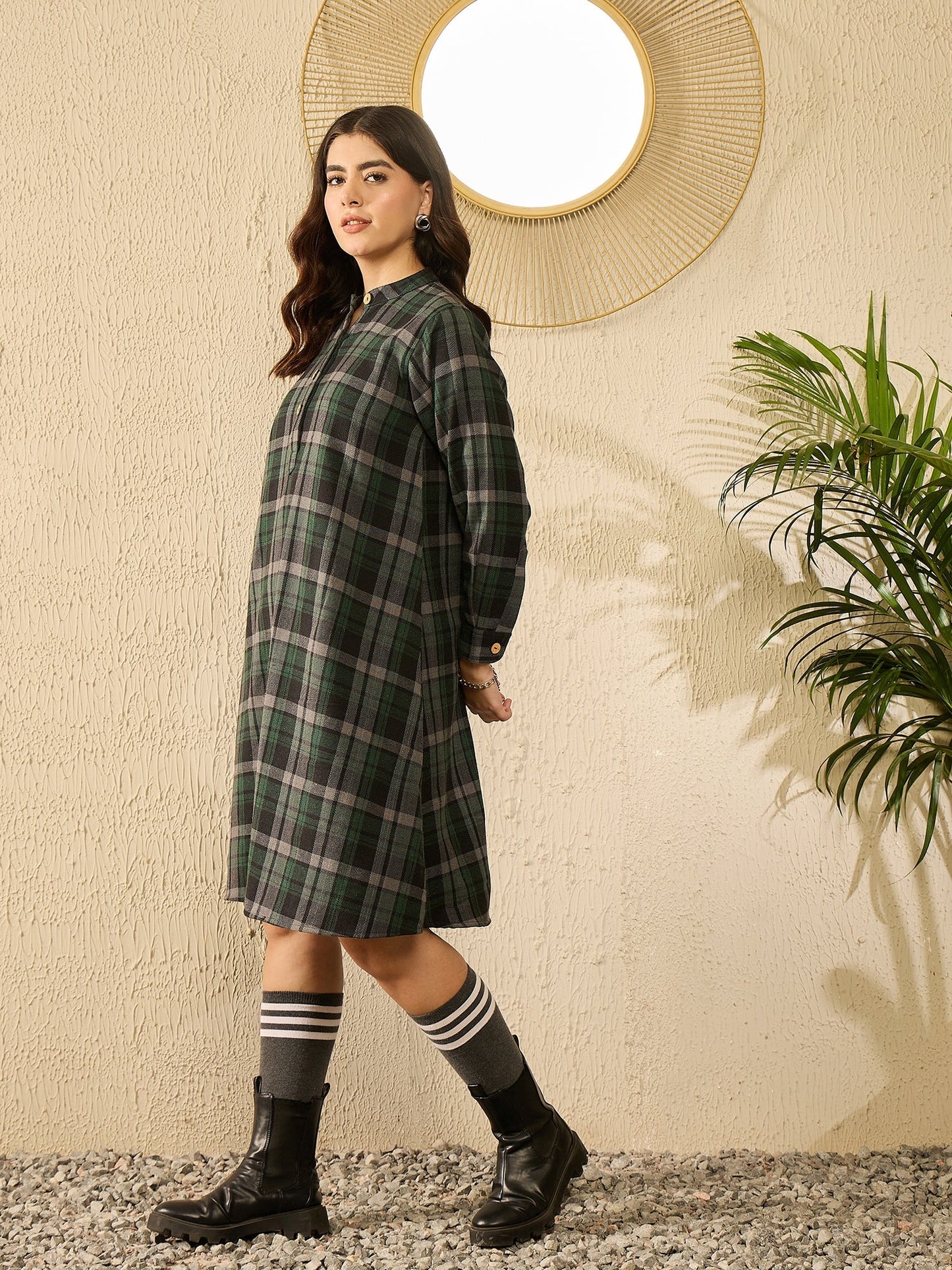 InWeave Green Black Check Mandarin Button Neck Dress - Swadesiicart