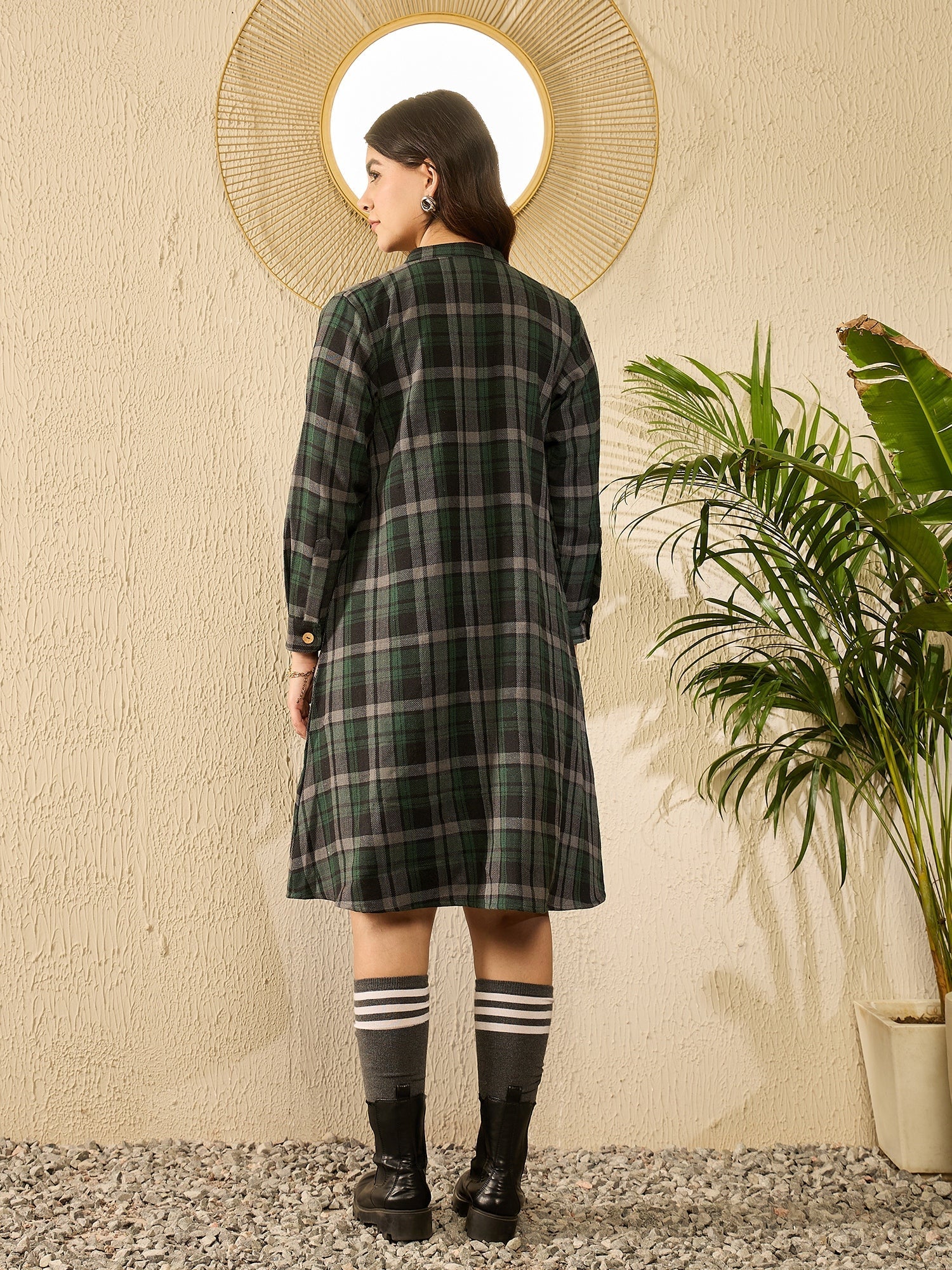 InWeave Green Black Check Mandarin Button Neck Dress - Swadesiicart