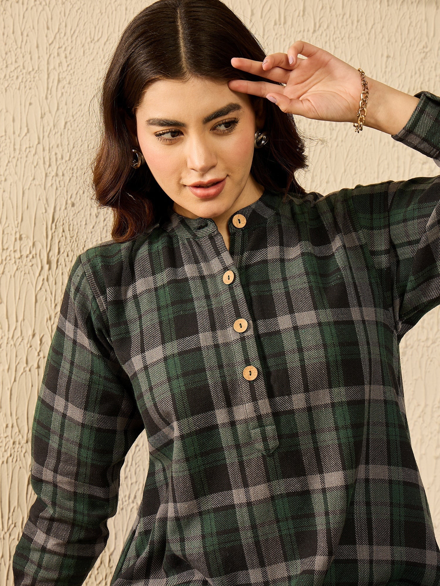 InWeave Green Black Check Mandarin Button Neck Dress - Swadesiicart