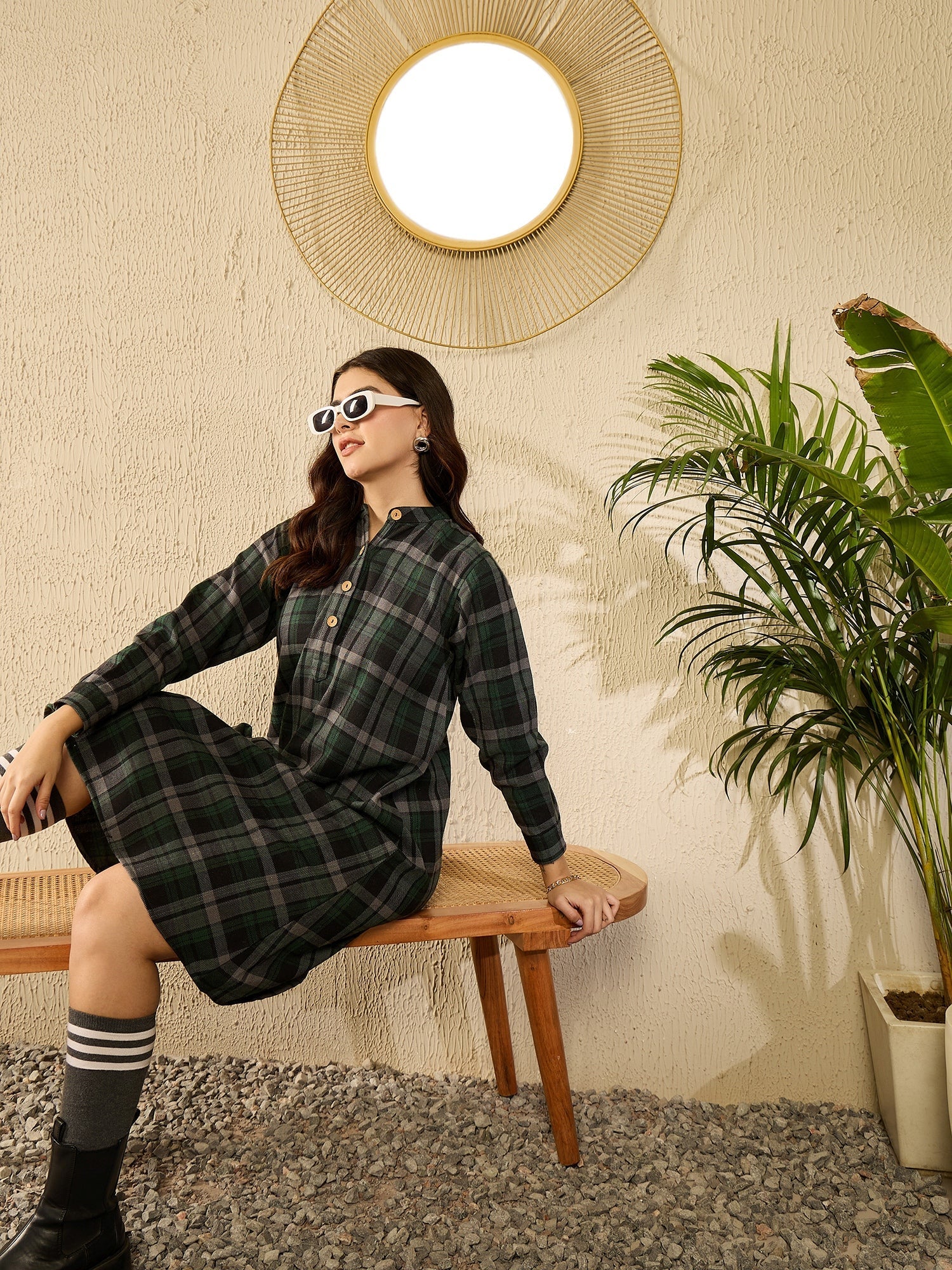 InWeave Green Black Check Mandarin Button Neck Dress - Swadesiicart