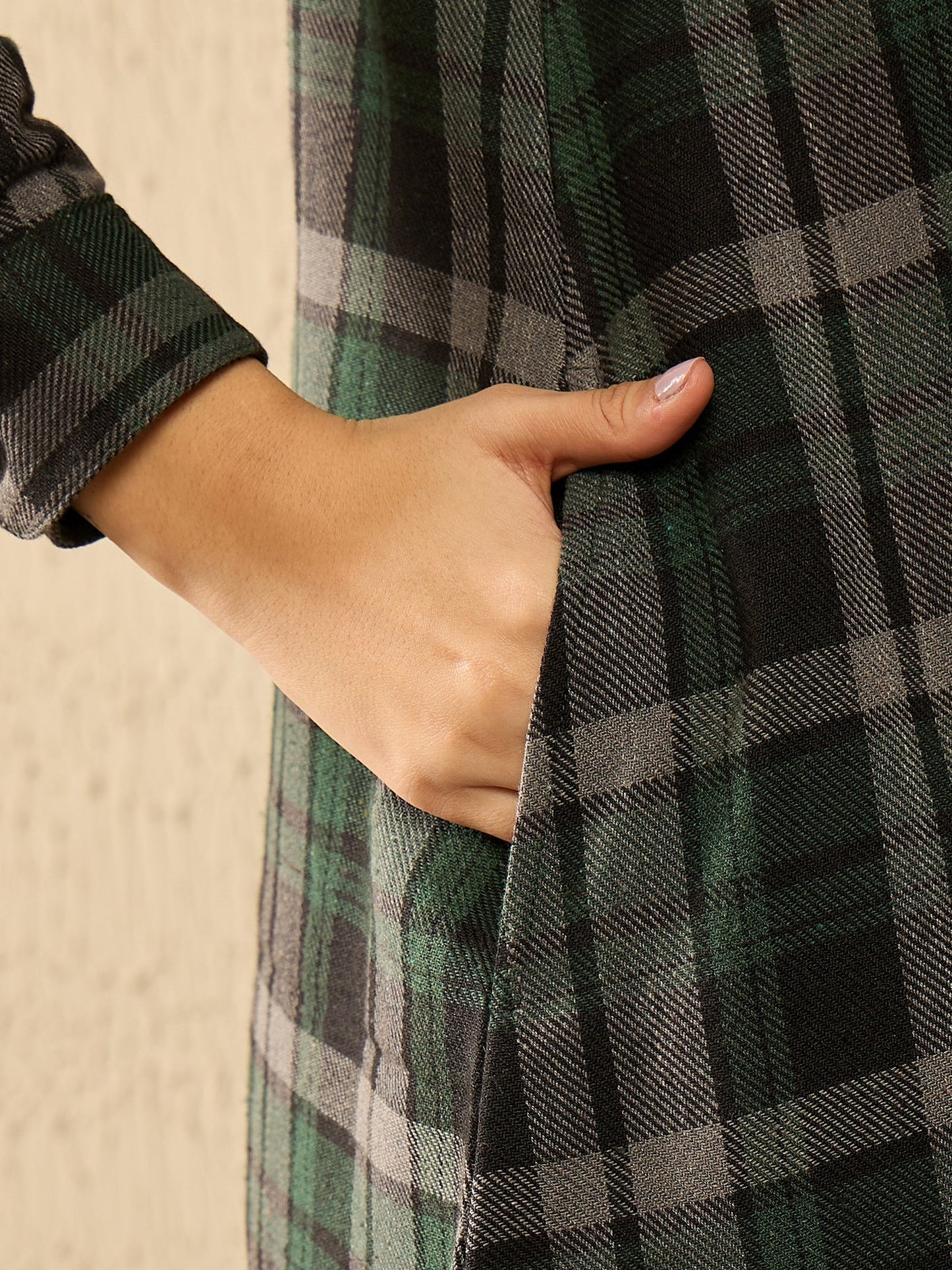 InWeave Green Black Check Mandarin Button Neck Dress - Swadesiicart