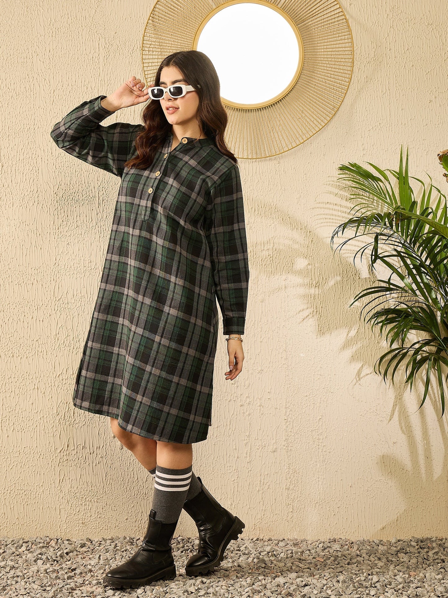 InWeave Green Black Check Mandarin Button Neck Dress - Swadesiicart