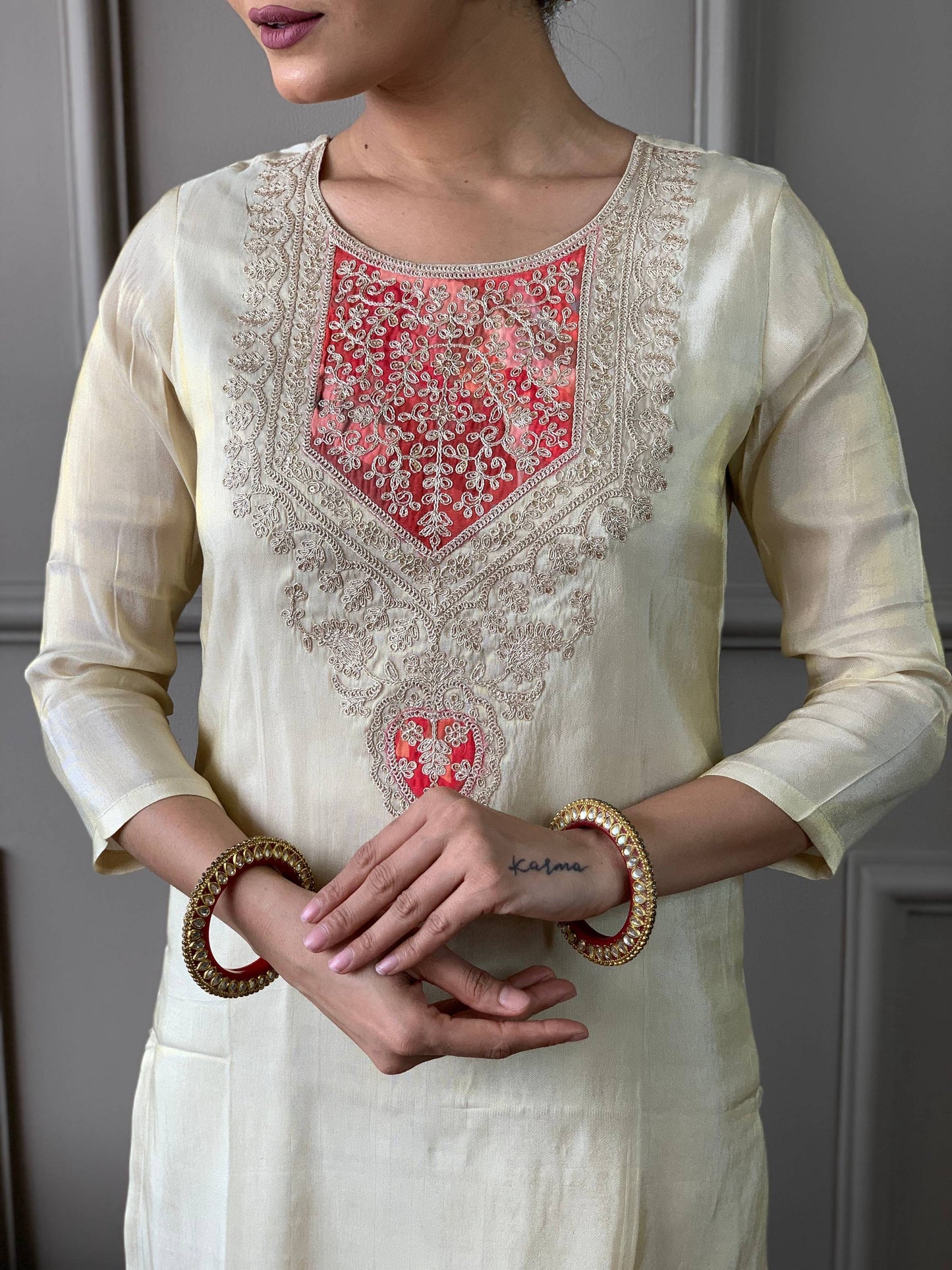 The52 Cream Embroidered Chanderi Silk Fabric Straight Kurta, Pant and Dupatta Set - Swadesiicart