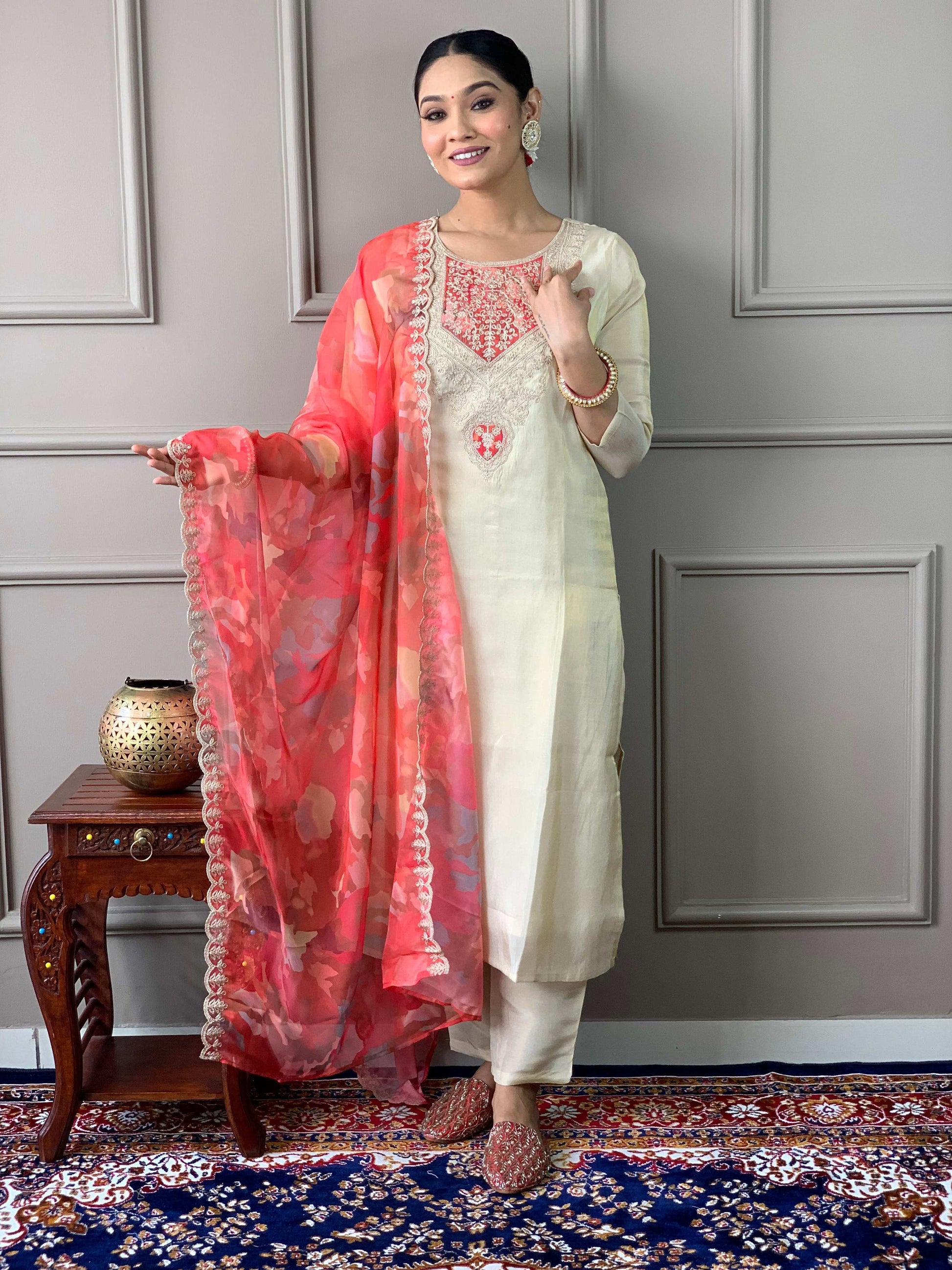 The52 Cream Embroidered Chanderi Silk Fabric Straight Kurta, Pant and Dupatta Set - Swadesiicart