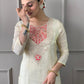 The52 Cream Embroidered Chanderi Silk Fabric Straight Kurta, Pant and Dupatta Set - Swadesiicart