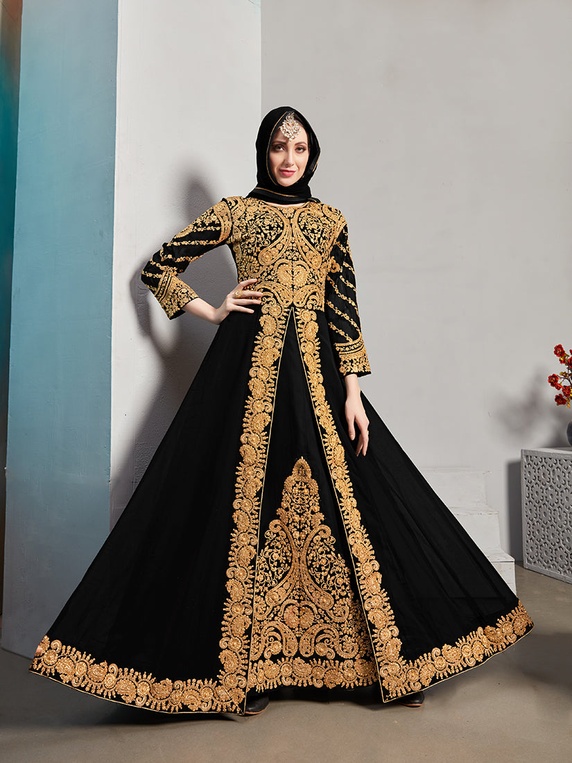 Monjolika Fashion Designer Real Georgette With Embroidered Pakistani Anarkali Suits In Black Color - Swadesiicart