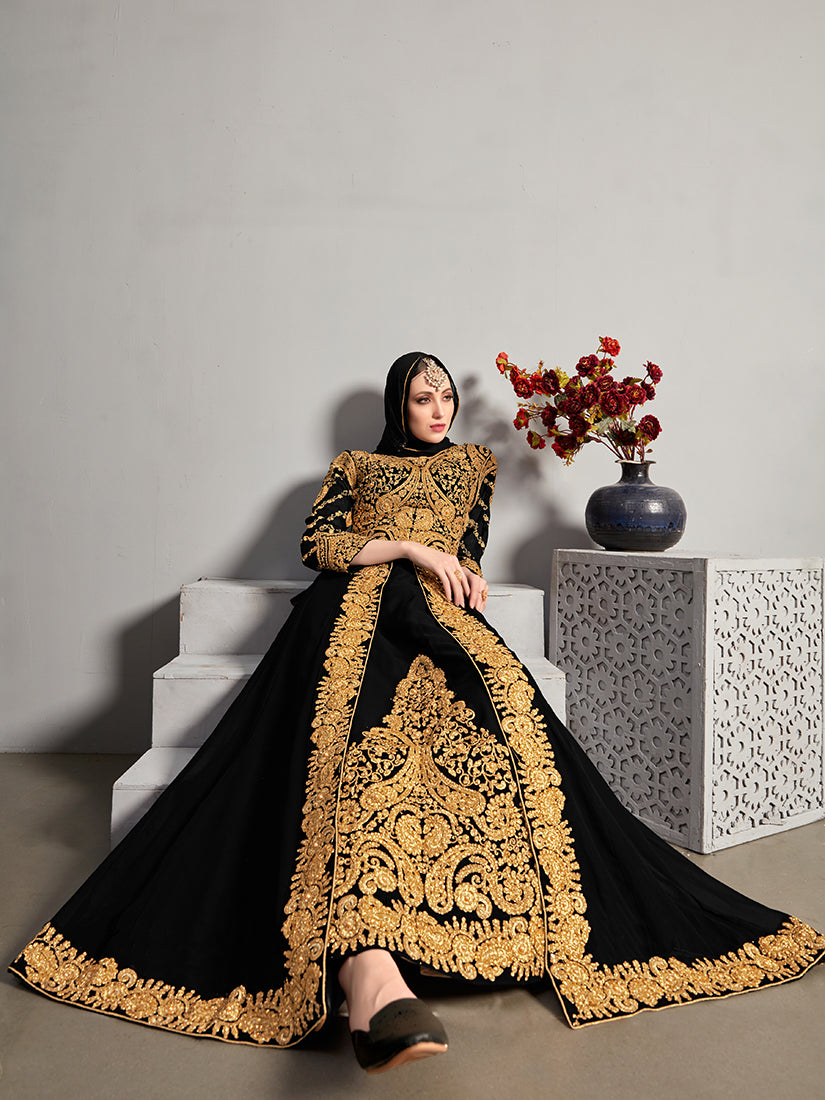 Monjolika Fashion Designer Real Georgette With Embroidered Pakistani Anarkali Suits In Black Color - Swadesiicart
