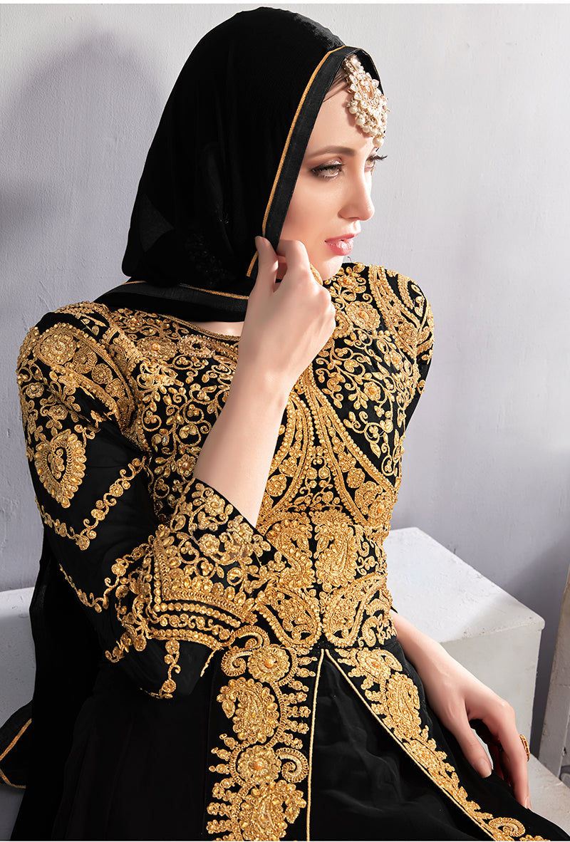 Monjolika Fashion Designer Real Georgette With Embroidered Pakistani Anarkali Suits In Black Color - Swadesiicart