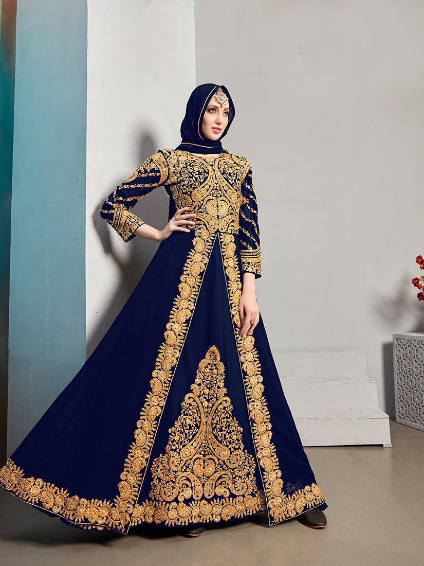 Monjolika Fashion Designer Real Georgette With Embroidered Pakistani Anarkali Suits In Navy Blue Color - Swadesiicart