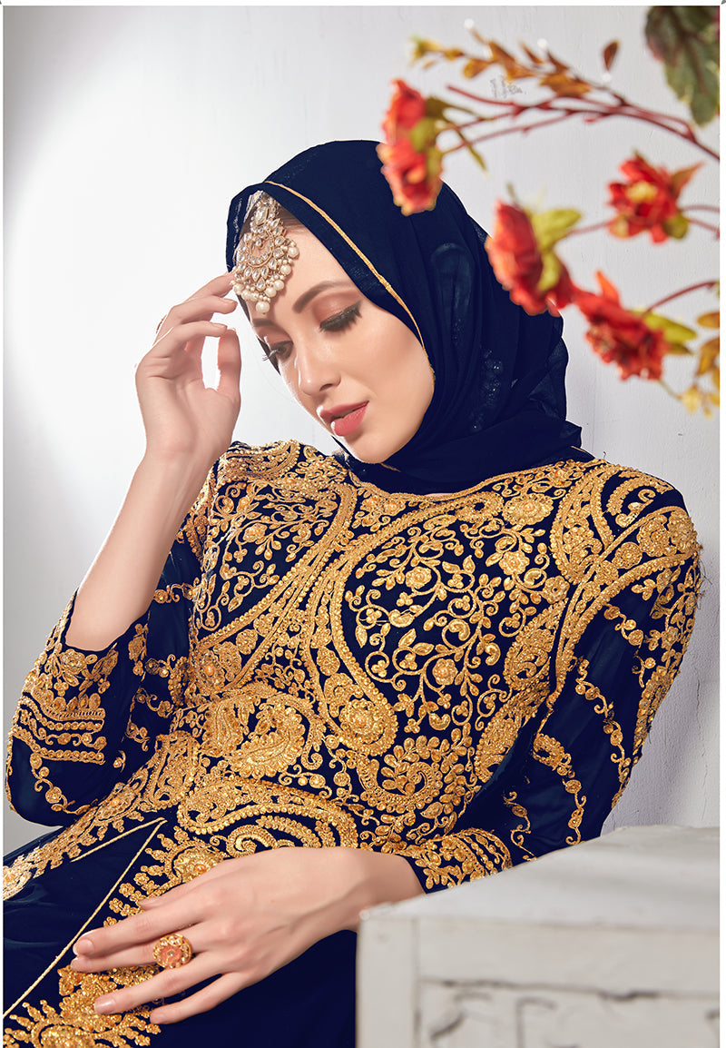 Monjolika Fashion Designer Real Georgette With Embroidered Pakistani Anarkali Suits In Navy Blue Color - Swadesiicart