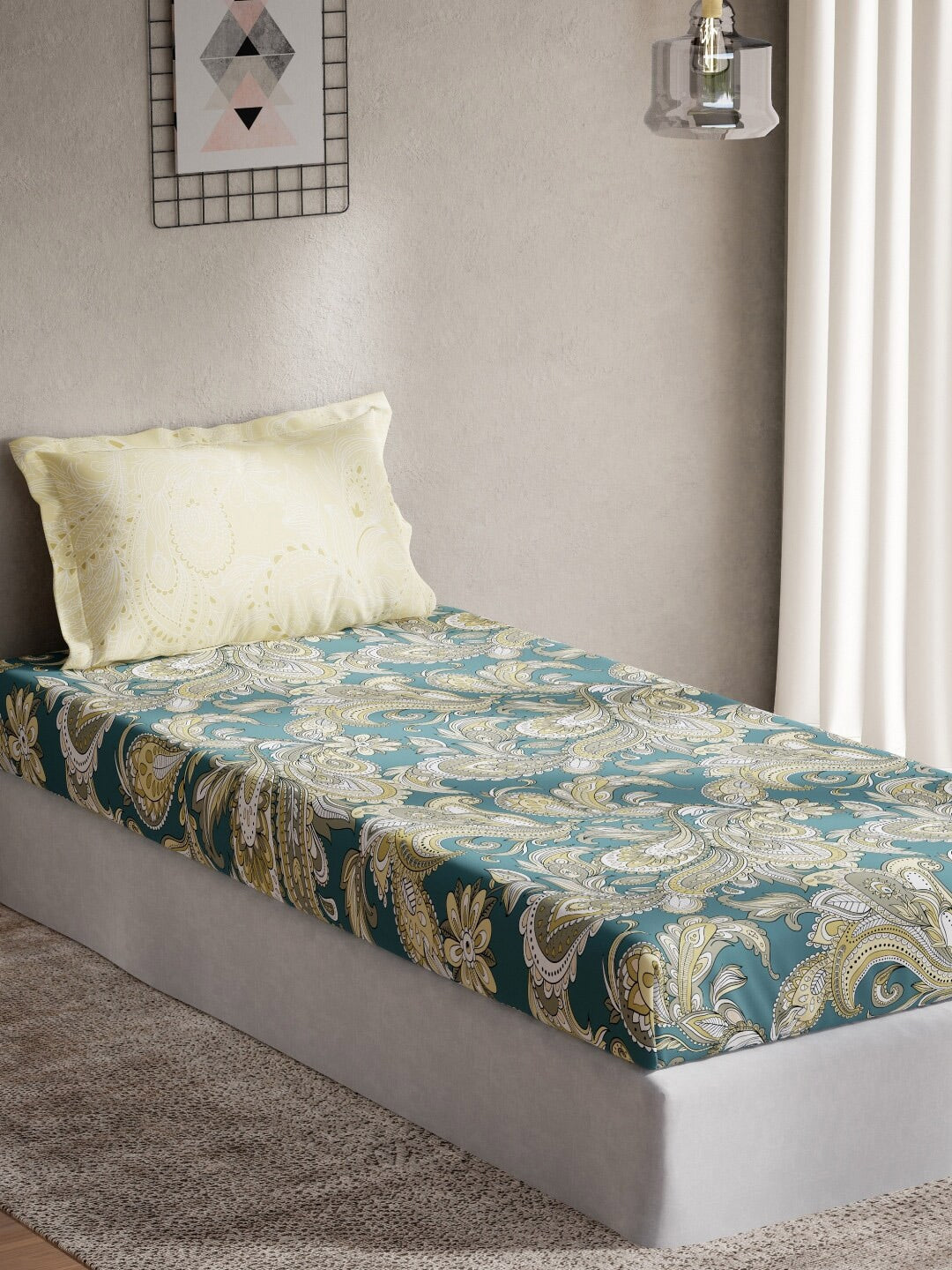 DDecor Green & Yellow Ethnic Motifs 144 TC Cotton Single Bedsheet with 1 Pillow Cover - Swadesiicart