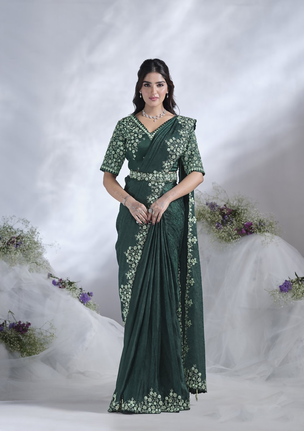Green Two Tone Satin Silk Designer Ready to wear saree with stithced Blouse - Mohmanthan Aura | Swadesiicart