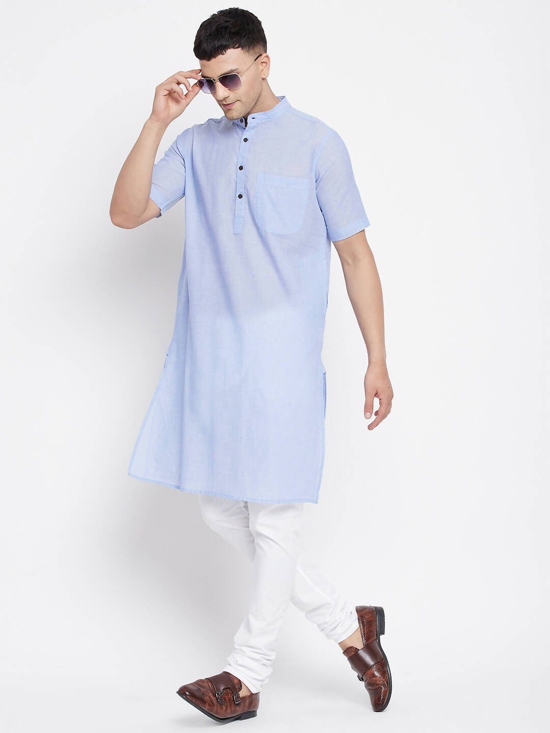 Even Apparels Blue Pure Cotton Men's H/S Kurta With Band Collar | Swadesiicart