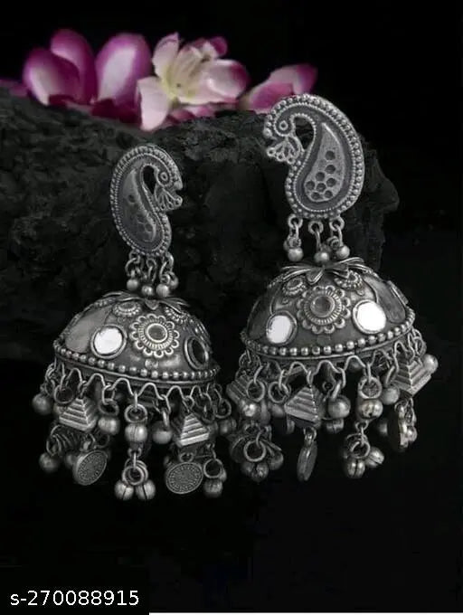 Tehzeeb Creations Women's Black Oxidised Earrings With Ghungroo | Swadesiicart