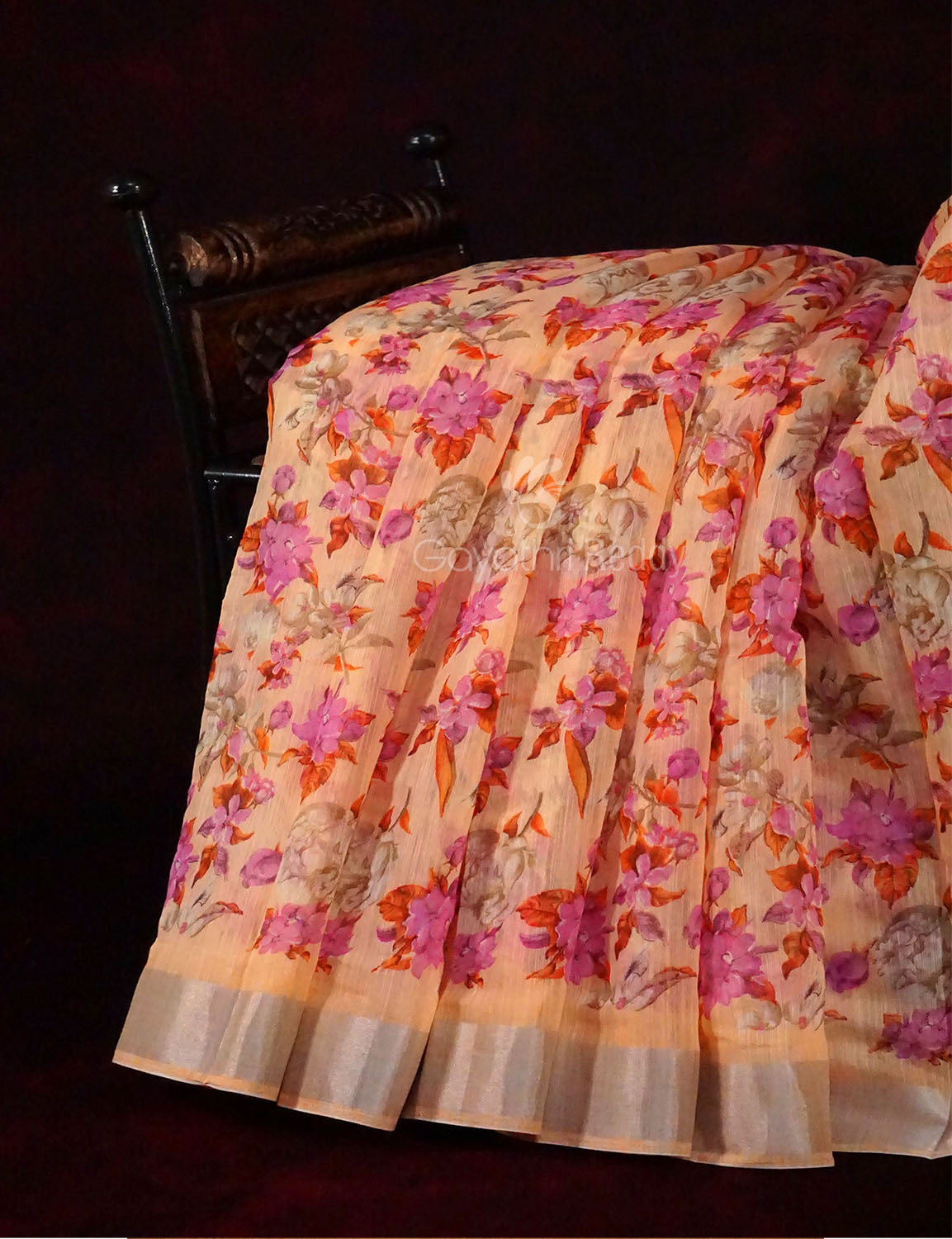 Light Orange Colour Floral Design Semi Chanderi Saree By Gayathri Reddy Designer Studio | Swadesiicart