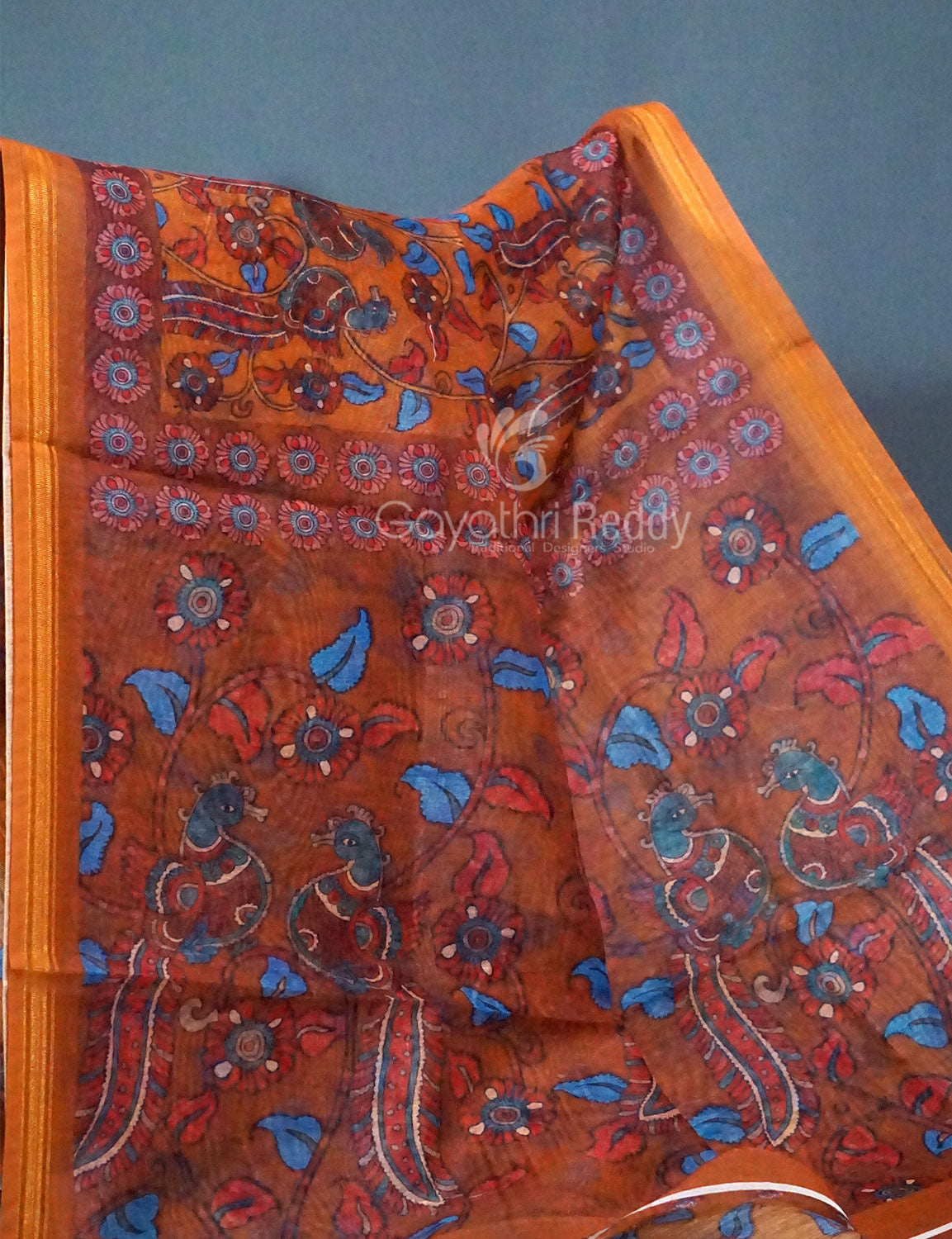Shades of Mustard Colour Kalamkari Print Semi Chanderi Saree By Gayathri Reddy Designer Studio | Swadesiicart