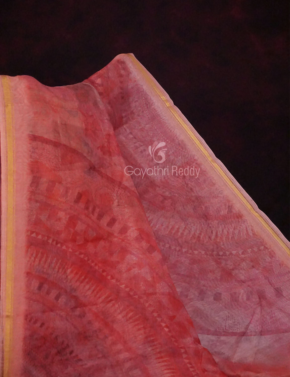 Peachish Orange Colour Abstract Print Semi Chanderi Saree By Gayathri Reddy Designer Studio | Swadesiicart
