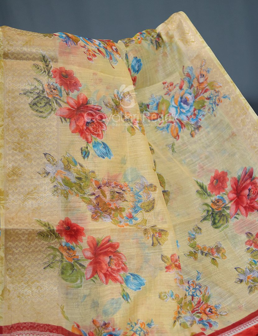 Shades of Light Dry Mehendi With Floral Print Semi Chanderi Saree By Gayathri Reddy Designer Studio | Swadesiicart
