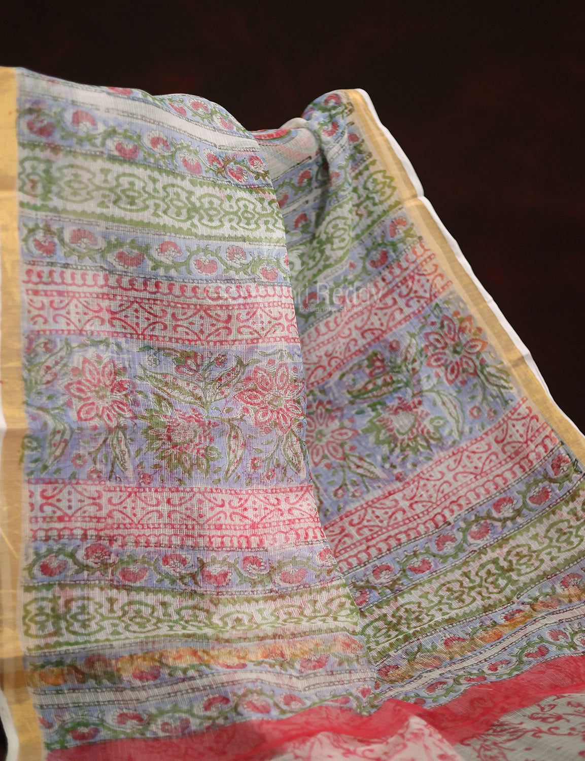 Off White Mango Block Design Pure Kota Cotton Saree By Gayathri Reddy Designer Studio | Swadesiicart