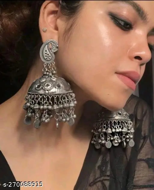 Tehzeeb Creations Women's Black Oxidised Earrings With Ghungroo | Swadesiicart