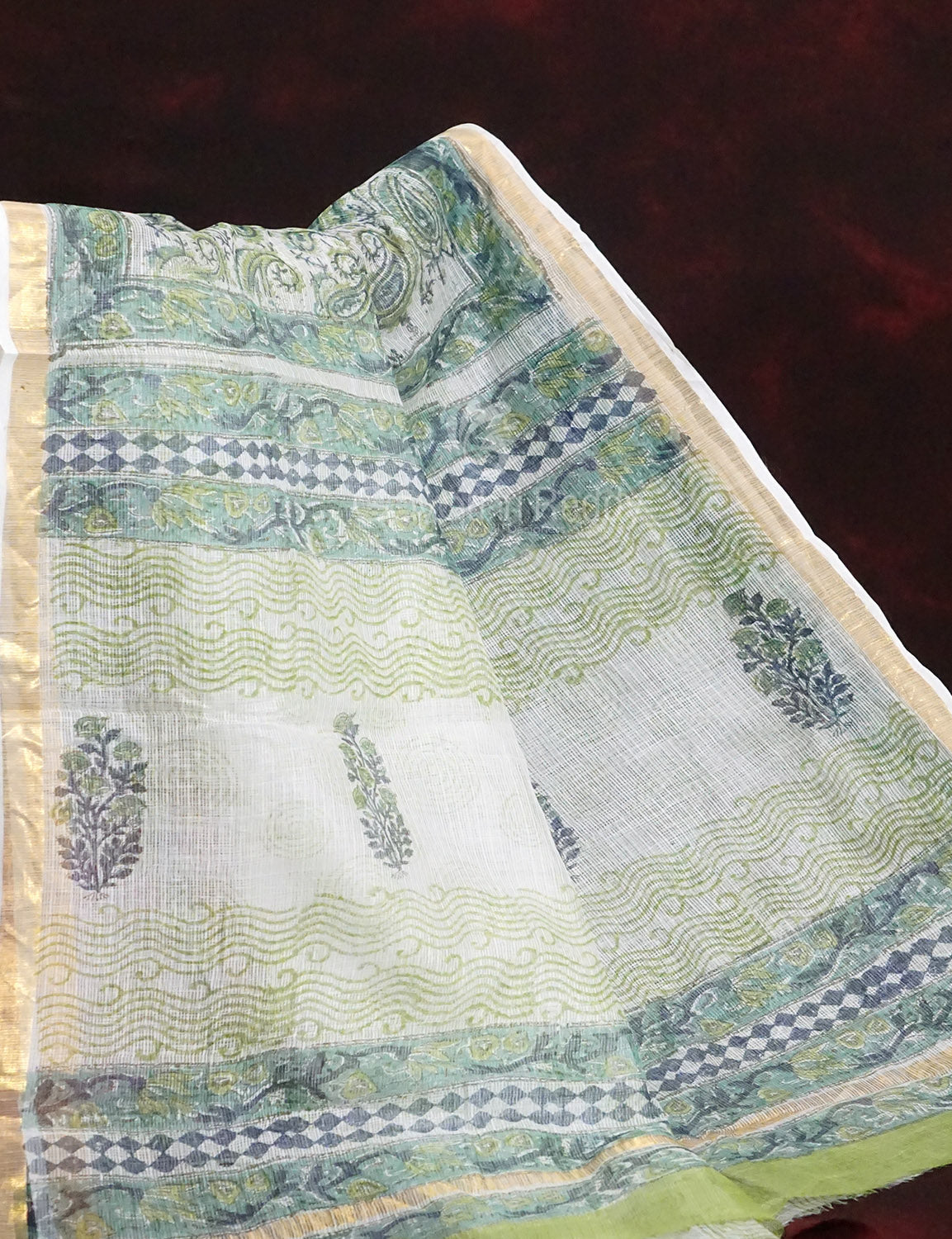 Off White And Parrot Green Colour Pure Kota Cotton Saree By Gayathri Reddy Designer Studio | Swadesiicart