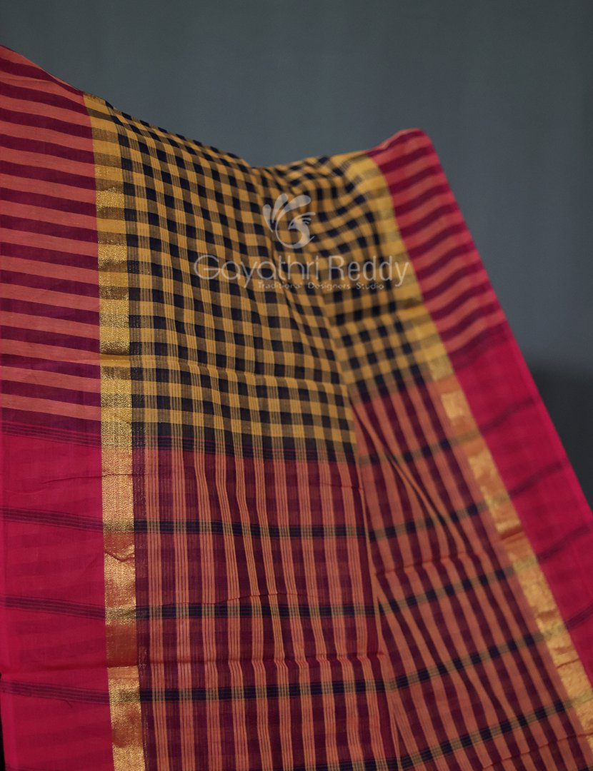 Mustard And Black With Checks Pure Mangalgiri Cotton Saree By Gayathri Reddy Designer Studio | Swadesiicart