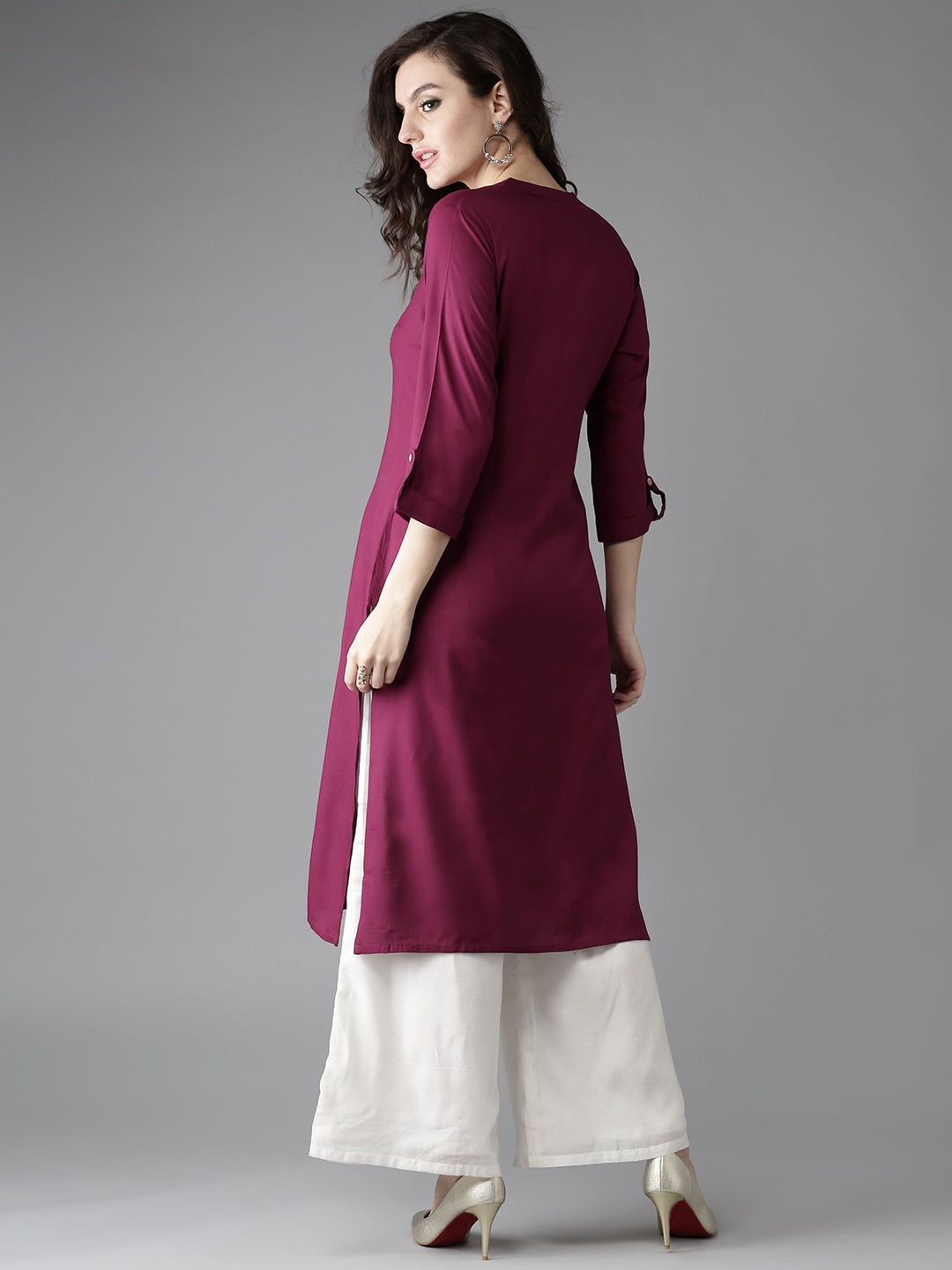 HERE&NOW Women Burgundy Solid Straight Kurta - Swadesiicart