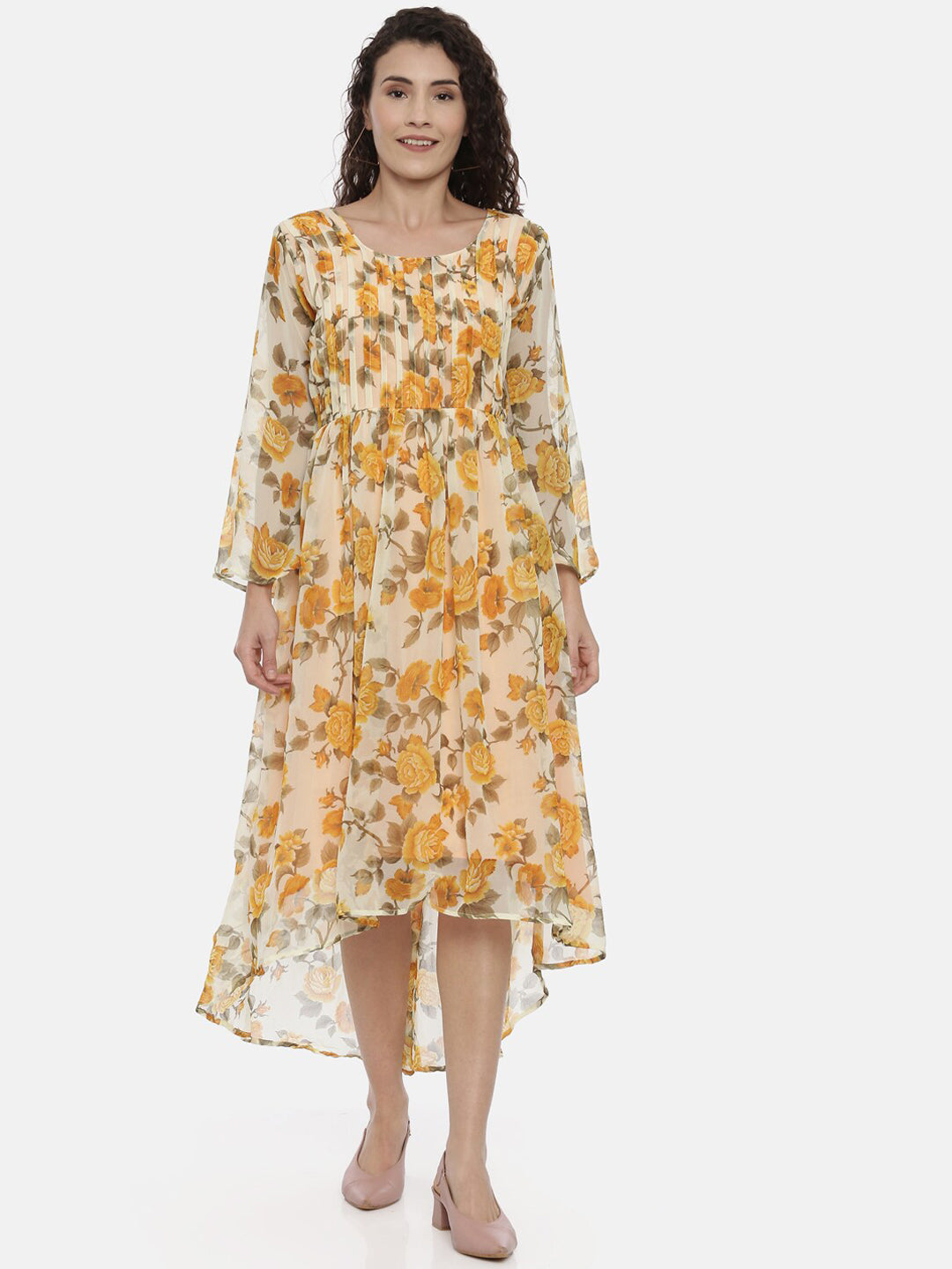 Souchii Women Cream-Coloured Floral Printed A-Line Dress - SOUCHII