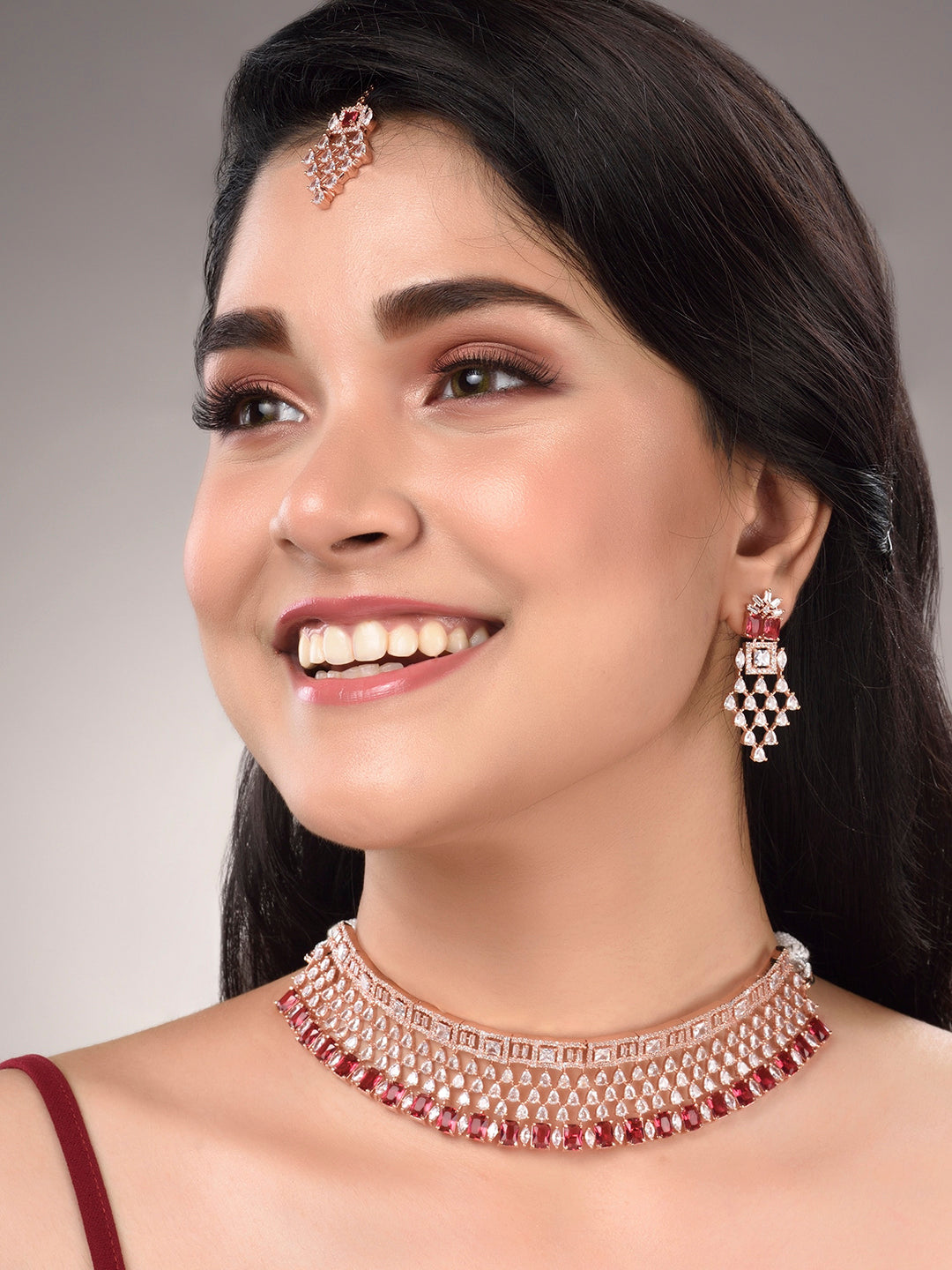 Saraf RS Jewellery Rose Gold-Polished & Red AD & CZ-Studded Contemporary Jewellery Set - Swadesiicart