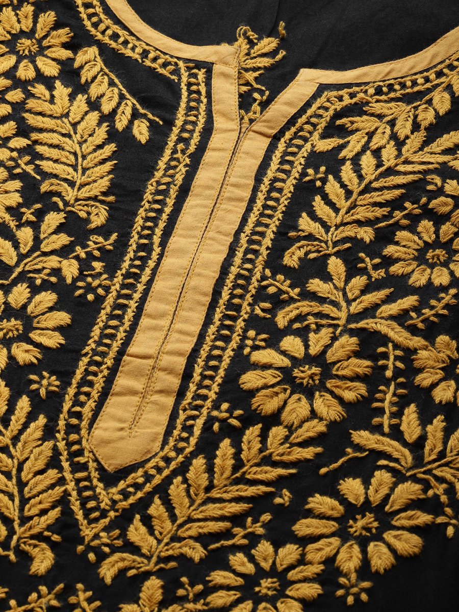 ADA Women Black & Mustard Yellow Pure Cotton Chikankari Embroidered Handloom Kurta with Trousers | Swadesiicart
