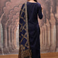 Vishudh Navy Blue Mirror Work Zari Straight Kurta with Palazzo & Dupatta - Swadesiicart