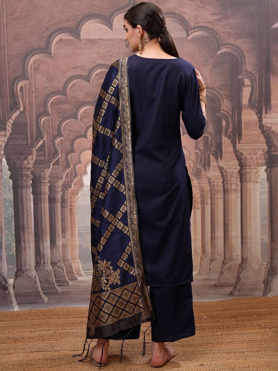 Vishudh Navy Blue Mirror Work Zari Straight Kurta with Palazzo & Dupatta - Swadesiicart