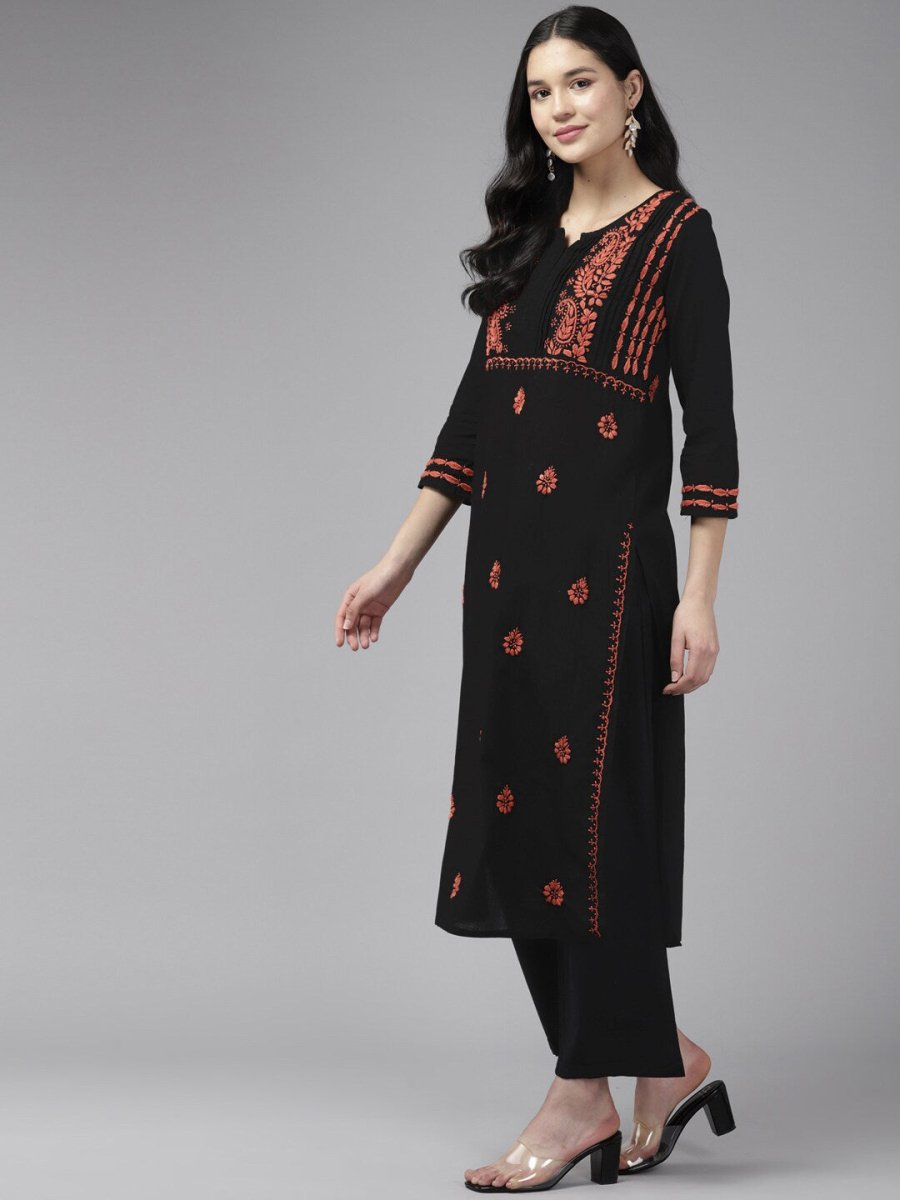ADA Ethnic Motifs Embroidered Chikankari Cotton Straight Kurta