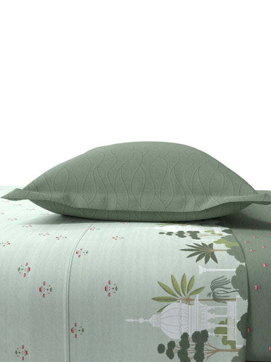 MYTRIDENT Green & White Ethnic Motifs Cotton 144 TC King Bedsheet With 2 Pillow Covers - Swadesiicart