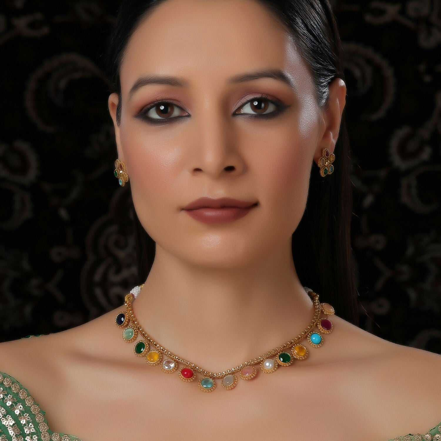 Multi Colored Stone in Gold Choker with Earrings (Multi Color) - Ruby Raang | Swadesiicart