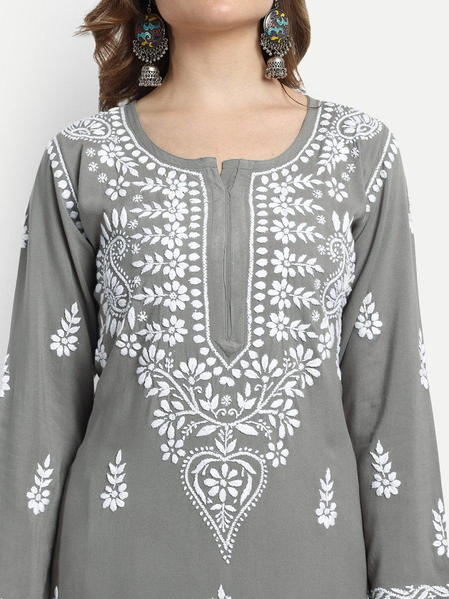 ADA Ethnic Motifs Embroidered Lucknowi Chikankari Kurta with Trousers | Swadesiicart