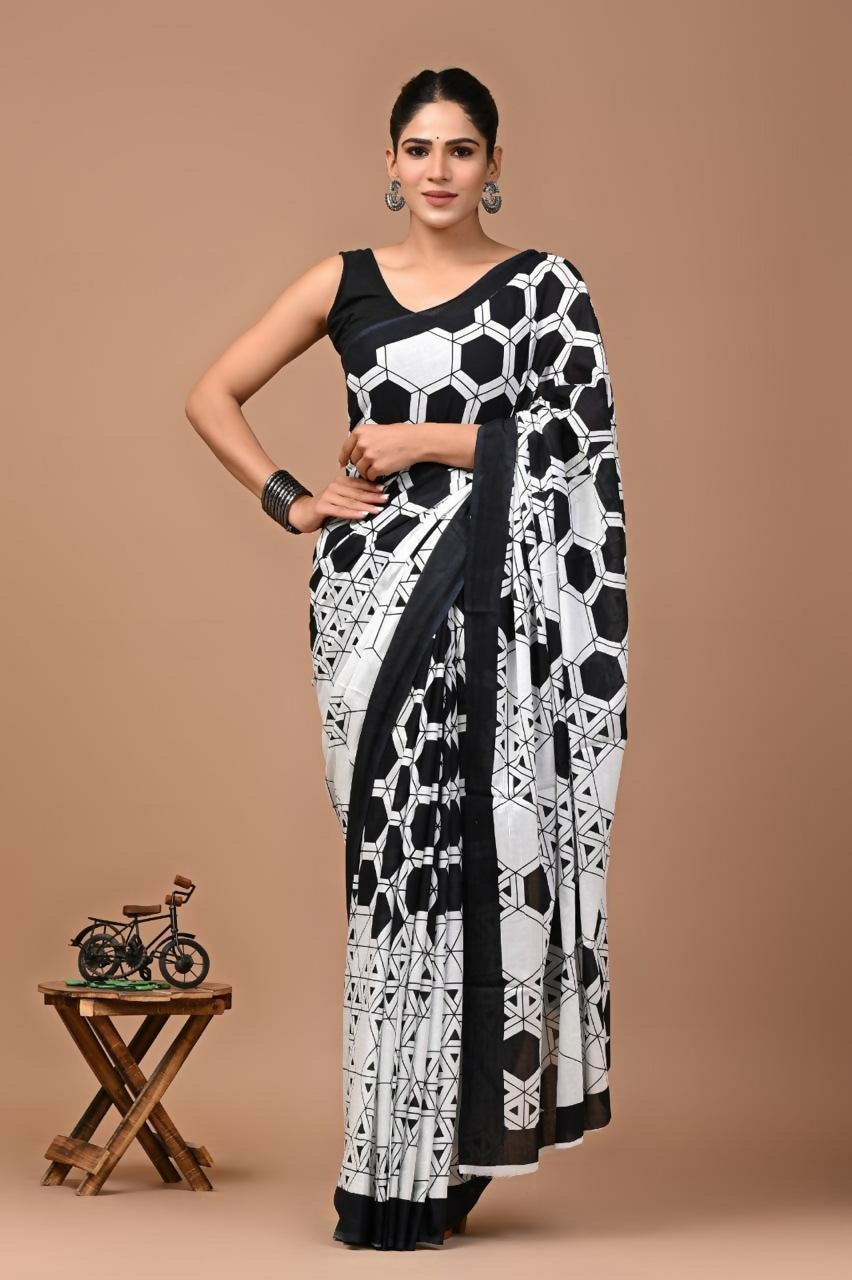 Exclusive Collection White Black Beautiful Mulmul Cotton Saree - Swadesiicart